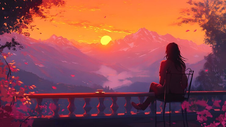 Sunset Serenity A Girls Zrelaksowane spojrzenie na widoki na góry z herbatą na balkonie w złotym świetle