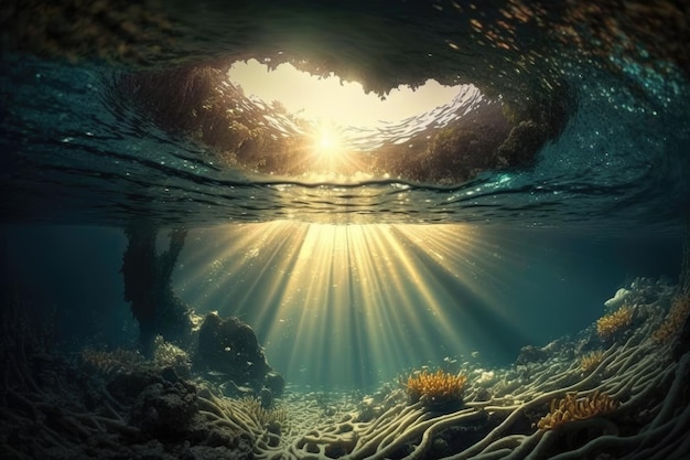Sunshine pod głęboką wodą artystyczną ilustracyjną generatywną sztuczną inteligencję