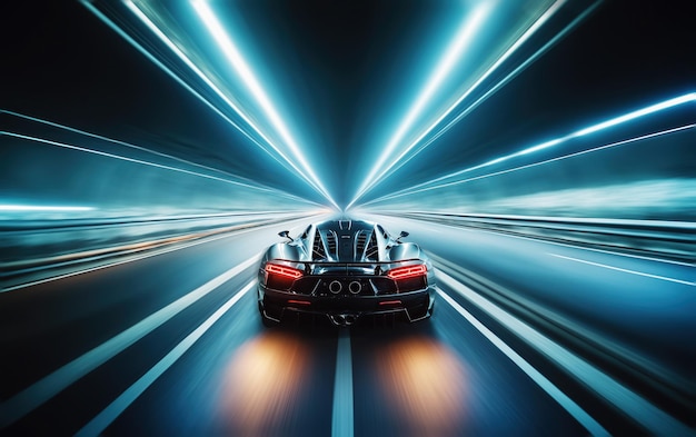 Super samochód poruszający się szybko w tunelu z niewyraźnym ruchem