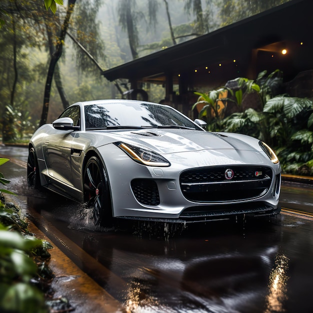 Super samochód w deszczowej dżungli dróg natura tło
