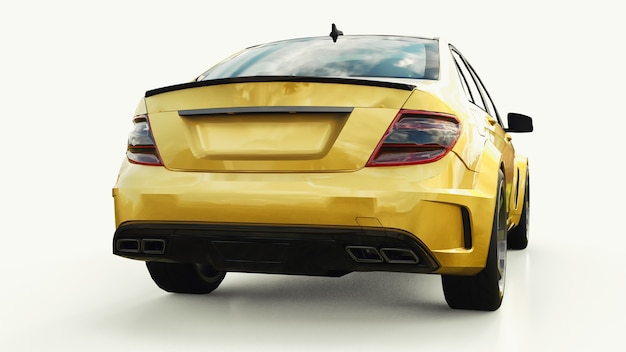 Super szybki samochód sportowy kolor złoty metalik na białym tle. Sedan w kształcie nadwozia. Tuning to wersja zwykłego samochodu rodzinnego. renderowania 3D.