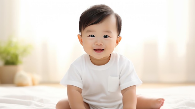 Super urocze chińskie 3-miesięczne dziecko z białą koszulą Happy Smile