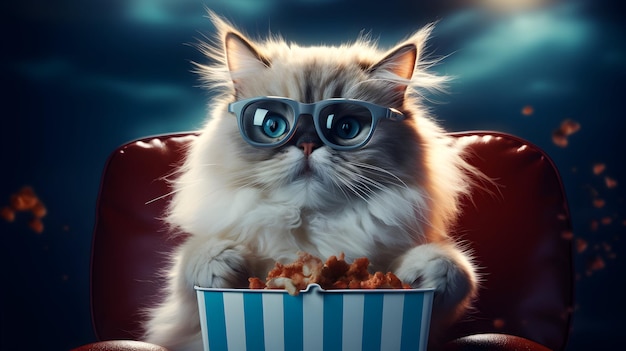 Super uroczy puszysty kot oglądający film w kinie wygenerowany przez sztuczną inteligencję