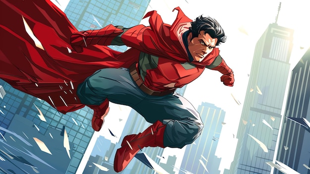 Zdjęcie superbohater lata przez miasto, ma na sobie czerwoną pelerynę, niebieską koszulkę i dżinsy, ma zdecydowany wyraz twarzy.