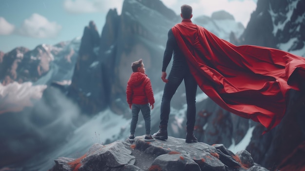 Superbohater ojciec i syn cieszą się widokiem na góry