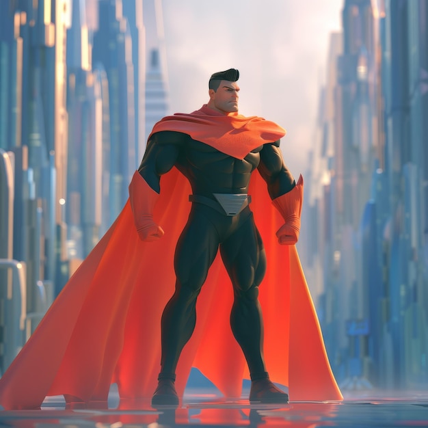 Superbohater w czerwonej pelerynie stoi w mieście.
