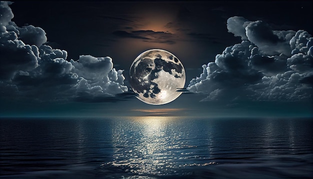 Superksiężyc i chmury w nocy na morzu dzięki technologii Generative AI