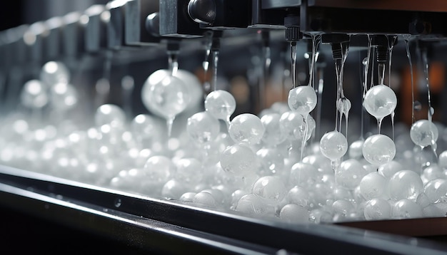Zdjęcie superultra realistyczna przemysłowa maszyna do tłoczenia małych zimnych, maleńkich, przezroczystych kul lodowych