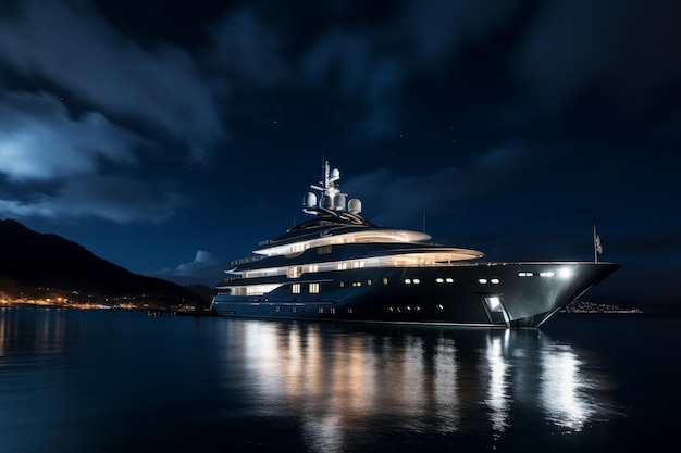 Superyacht na nocnym niebie wodnym Generuj Ai