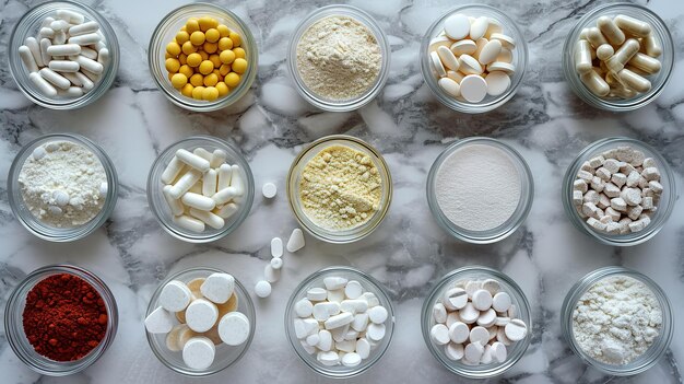 Zdjęcie suplementy diety dla zdrowia i urody w formie tabletek i proszku witaminy kolagen biotyna