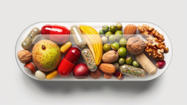 Suplementy diety i witaminy w kapsułkach z owocami, warzywami, orzechami i fasolą w pigułce odżywczej Koncepcja zdrowia medycyny izolowana na białym tle