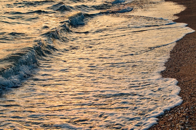 Surf morski z pianką na plaży przy zachodzie słońca