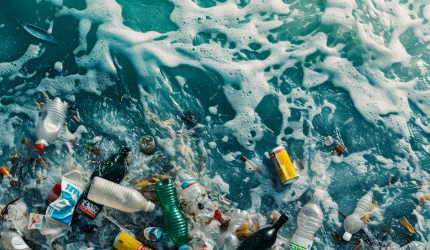 Surf na plaży wyciąga śmieci z oceanu, widok z góry na zanieczyszczenie plastikowych ścieków.