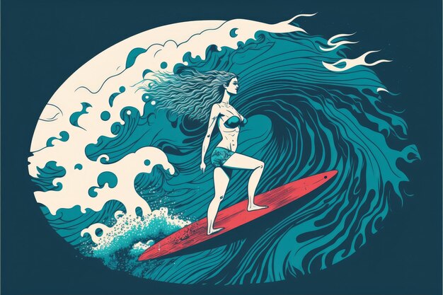 Surfer Dziewczyna Na Fali Z Deski Surfingowej Jasne Kolory Koncepcja Surfingu Generative Ai