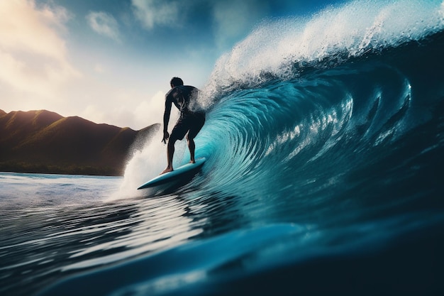 Surfer jedzie na fali, a za nim błękitne niebo.