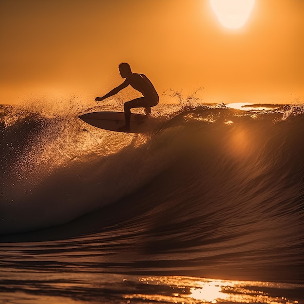 Surfer jedzie na fali o zachodzie słońca.