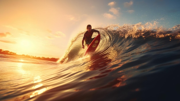 Surfer jedzie na fali o zachodzie słońca.