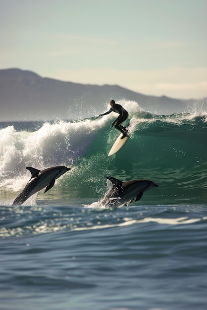 Surfer jeżdżący na falach z delfinami skaczącymi obok nich