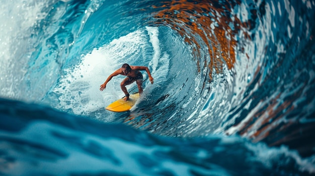 Surfer jeżdżący na fali w oceanie na żółtej desce do surfowania generatywny ai