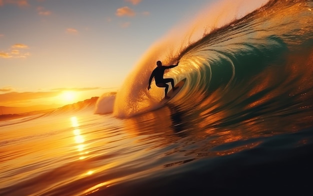 Surfer jeździ na falach oceanicznych podczas zachodu słońca