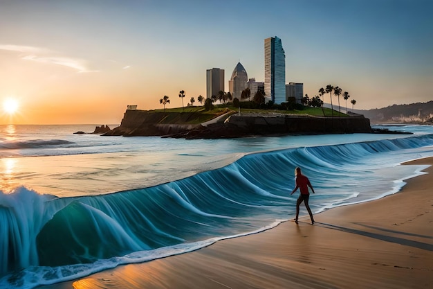 Surfer jeździ na fali przed miastem.