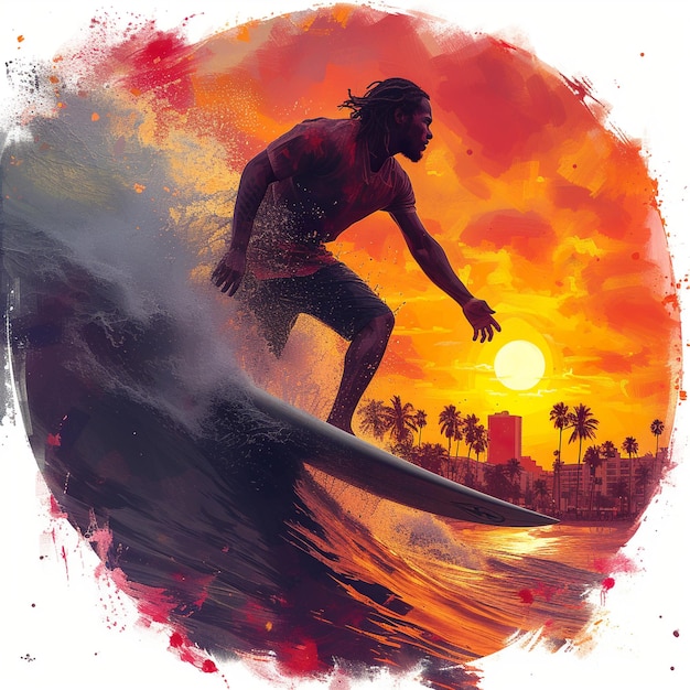 Surfer jeździ na fali przed słońcem.