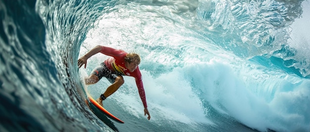 Surfer jeździ na fali przed Słońcem.