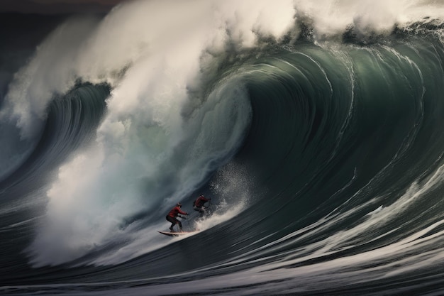 Surfer na falach oceanu Koncepcja sportów ekstremalnych i surfingu wodnego Ekstremalni surferzy surfujący na ogromnych falach morskich Widok z tyłu Brak widocznych twarzy Wygenerowano sztuczną inteligencję