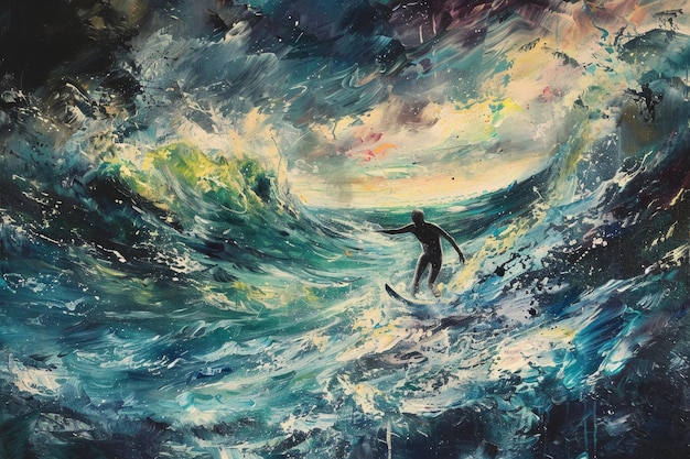 Surfer na malarstwie w burzliwym morzu