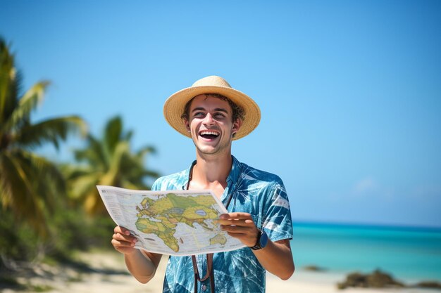 Surfer na plaży z deską przeciwko turkusowemu krajobrazowi morza