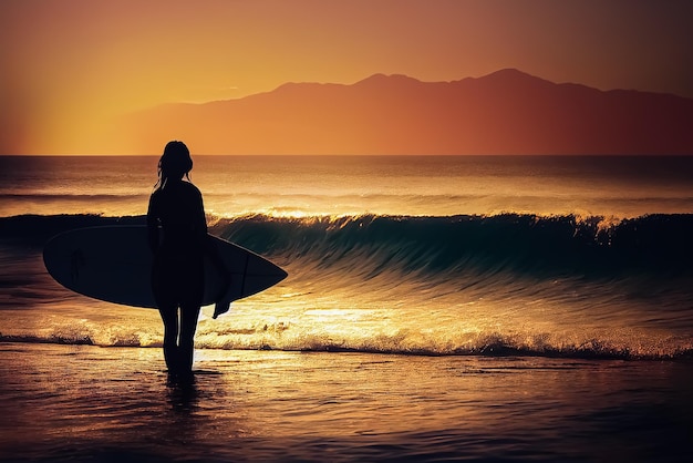 Surfer oglądania morza trzymając deskę surfingową w stylu sylwetka. Zachód i wschód słońca nad morzem?