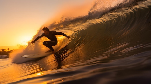 Surfer rzeźbi na fali podczas zachodu słońca