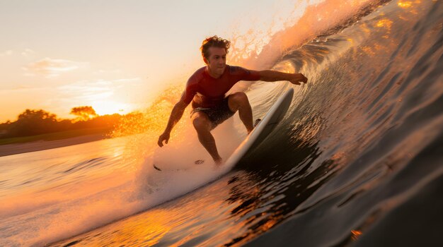 Surfer rzeźbi na fali podczas zachodu słońca