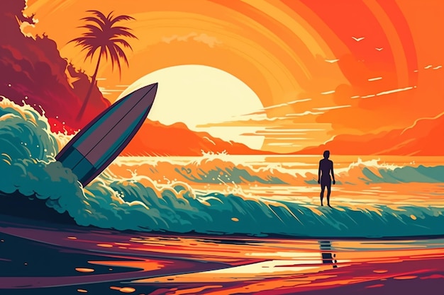 Surfer stoi na plaży przed zachodem słońca.