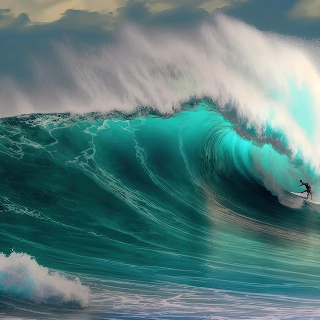 Surfer surfujący po falistym morzu z generatywną sztuczną inteligencją