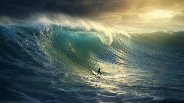 Surfer w fali oceanu o zachodzie słońca Generative AI
