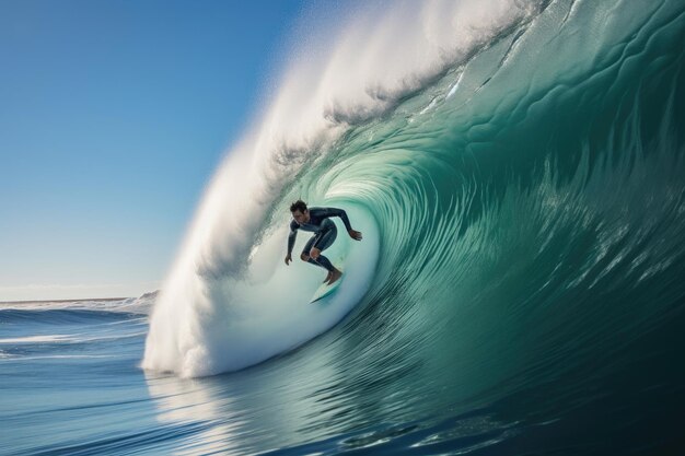 Surfer z radością jeździ na ogromnych falach w słoneczny dzień