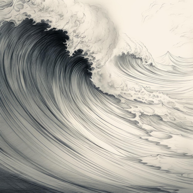 surfer z wdziękiem płynie na fali w tej surrealistycznej i onirycznej kompozycji. misterna czarno-biała ilustracja wykonana ołówkiem przedstawia gigantyczną skalę, oddając precyzyjny styl i płynność