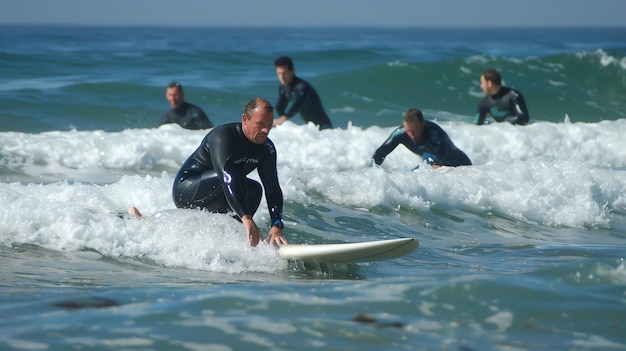 Zdjęcie surferzy jeżdżą na falach oceanu.