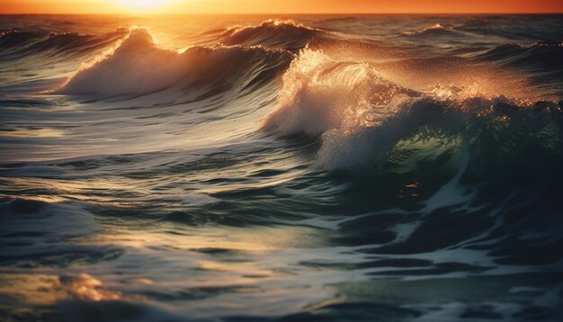 Surferzy o zachodzie słońca jeżdżą na rozbijających się falach o zmierzchu generowanych przez sztuczną inteligencję