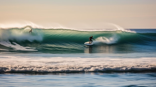 Surferzy płyną na falach