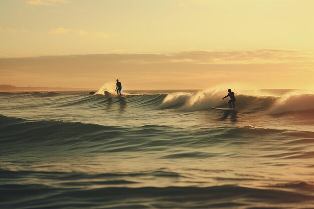 Surferzy z deskami cieszący się oceaniczną sztuczną inteligencją