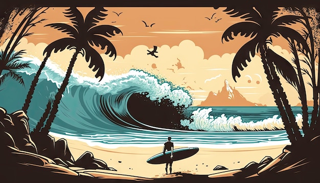 Surfing facet na świeżym powietrzu karaibski raj przy zachodzie słońca fale na morzu i palmy Ai wygenerowany surfer na letniej plaży morskie tło wschód słońca lub zachód słoneczny fale na oceanie i wybrzeżu słońce świeci