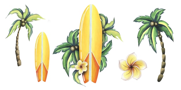 Surfowa deska w kolorze żółtym i pomarańczowym z paskami z tropikalnymi liśćmi i kwiatami frangipani akwarel i
