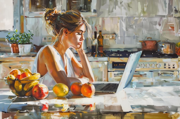 Surowa dieta promieniująca zdrowiem i witalnością Młoda kobieta siedzi z laptopem otoczona surowymi owocami pozostając wierna swojemu stylowi życiowemu surowego jedzenia