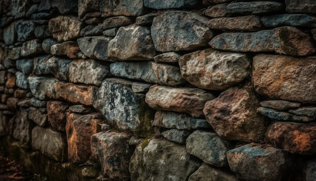 Surowa kamienna ściana z starożytnym wzorem cegły otoczona przez naturę generowaną przez sztuczną inteligencję