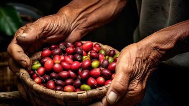 surowe jagody kawy arabica w rękach