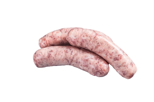 Surowe Kiełbasy Bratwurst do grilla z przyprawami izolowane na białym tle