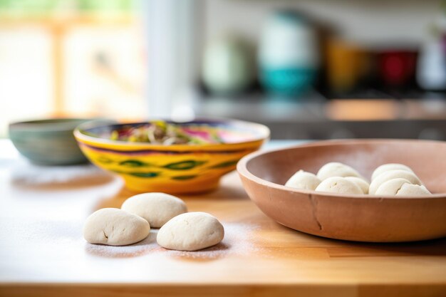 Zdjęcie surowe kulki z ciasta arepa obok miski masy