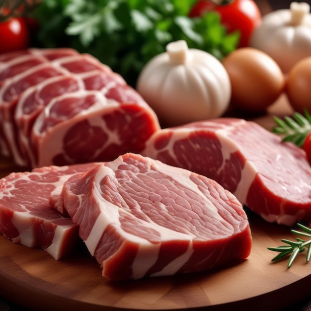 Surowe mięso na desce do cięcia otoczone warzywami